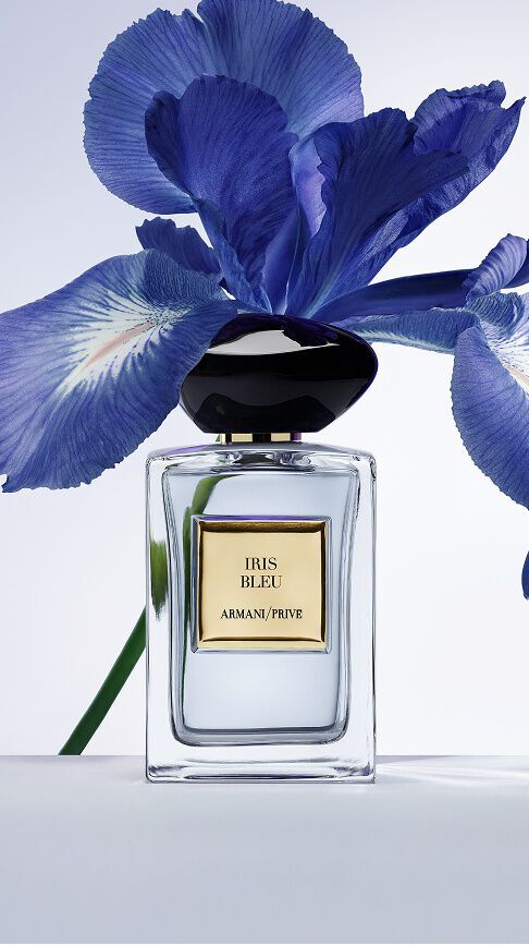 Armani/Prive Iris Bleu: ein klarer Glasflakon mit schwarzem Steinverschluss vor einer leuchtend blauen Iris, die ein zartes Gleichgewicht aus floraler Eleganz und Tiefe verkorpert.