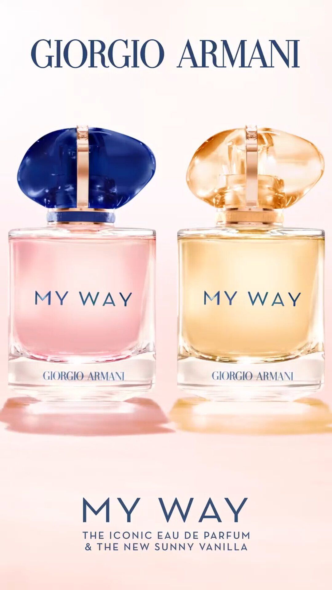 Video ad for Giorgio Armani My Way and My Way Sunny Vanilla perfumes. It features Sydney Sweeney exploring various landscapes like a desert with a blue hot air balloon, a vibrant blue village with children, and a mesmerizing glowing cave, embodying adventure and discovery.