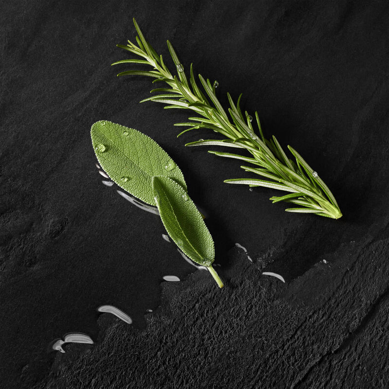 Grune Rosmarin- und Salbeiblatter mit Wassertropfen auf einer dunklen Steinoberflache.