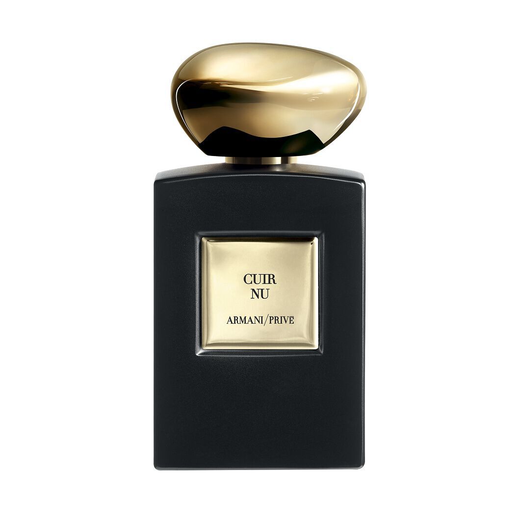 CUIR NU Duftflakon von Armani/Prive mit einem eleganten schwarzen Gefaß und einem skulpturalen goldenen Verschluss