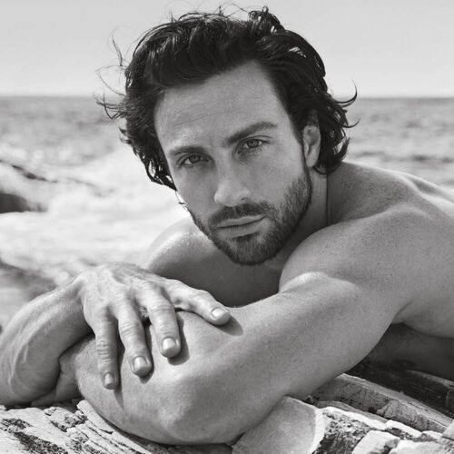 A black and white portrait of a shirtless man with tousled hair, leaning on rocky terrain by the sea, gazing thoughtfully towards the camera.