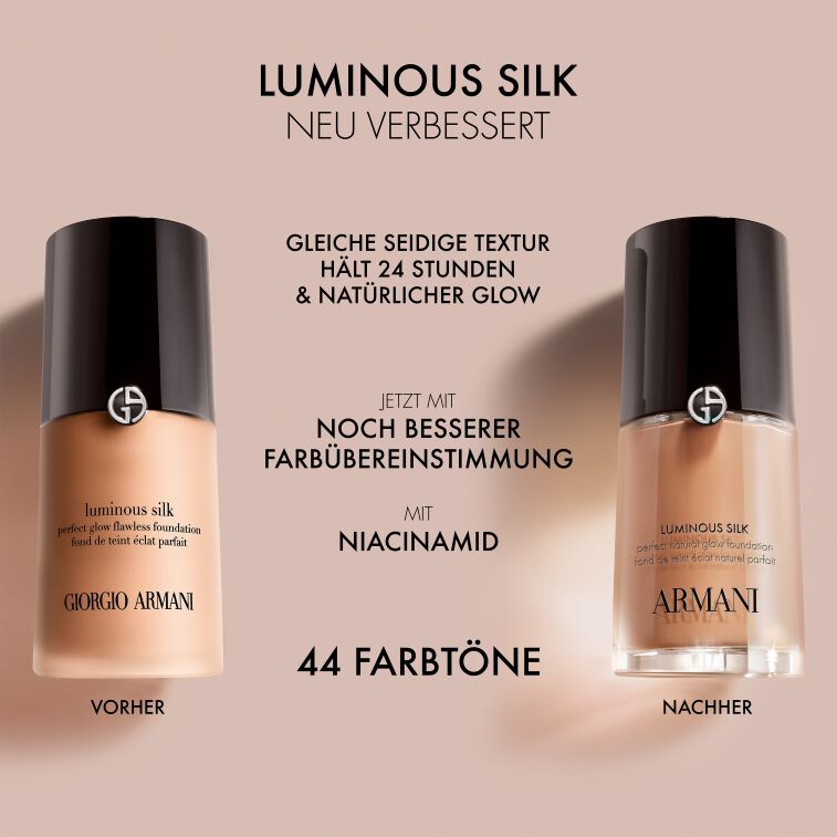 The Before and After Armani beauty LUMINOUS SILK FOUNDATION bottles, from light to dark, demonstrating the reimagined and expanded 44-shade range designed for an even better color match.