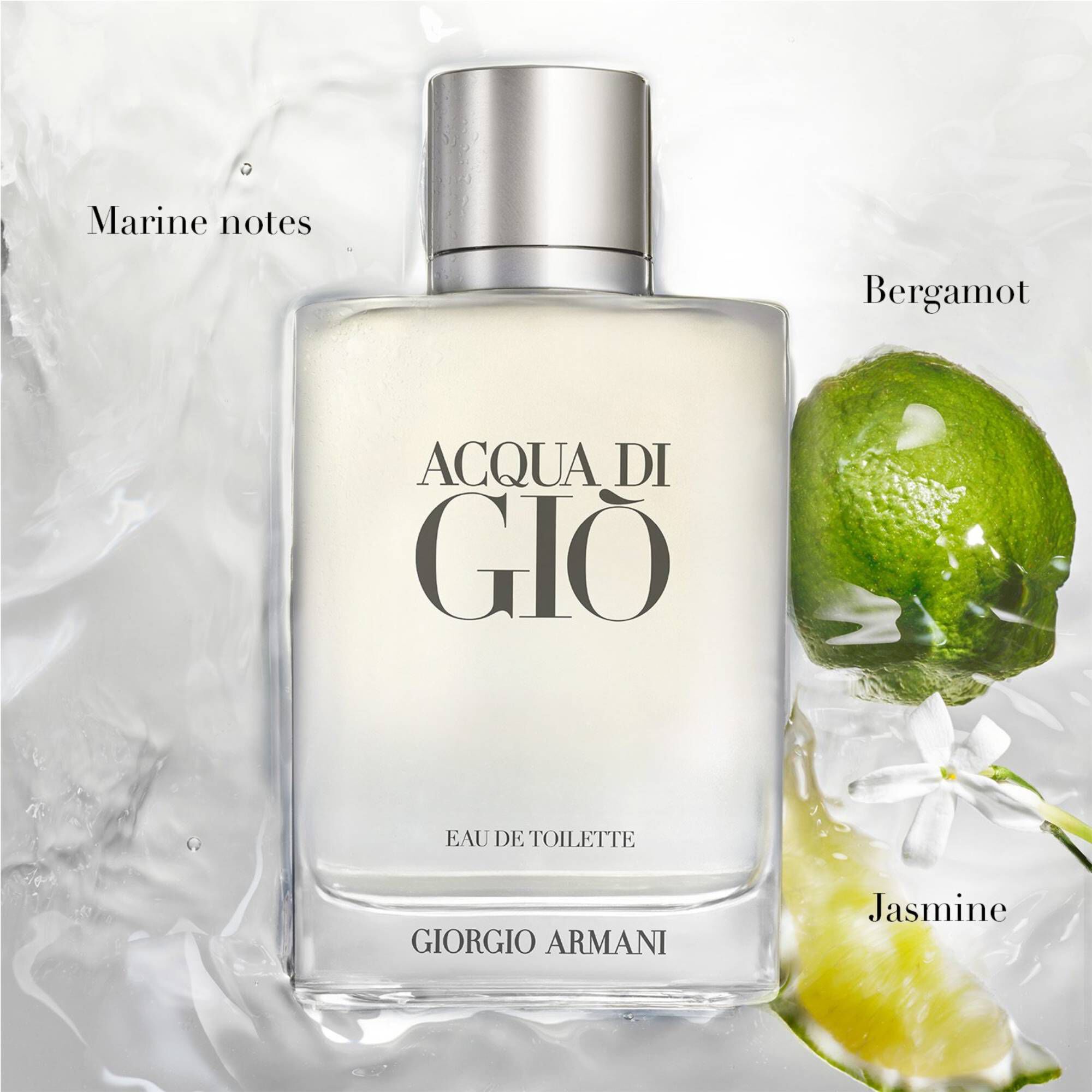 Giorgio Armani Acqua di Gio Eau de Toilette featuring refreshing marine notes, bergamot, and jasmine. An iconic summer fragrance capturing the essence of the Mediterranean in a sun-drenched, watery setting.