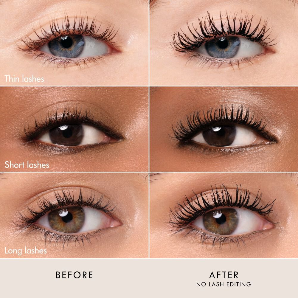 Before and after close-up lash comparison for Giorgio Armani Vertigo Lift mascara, showing three models' lashes before and after application.
