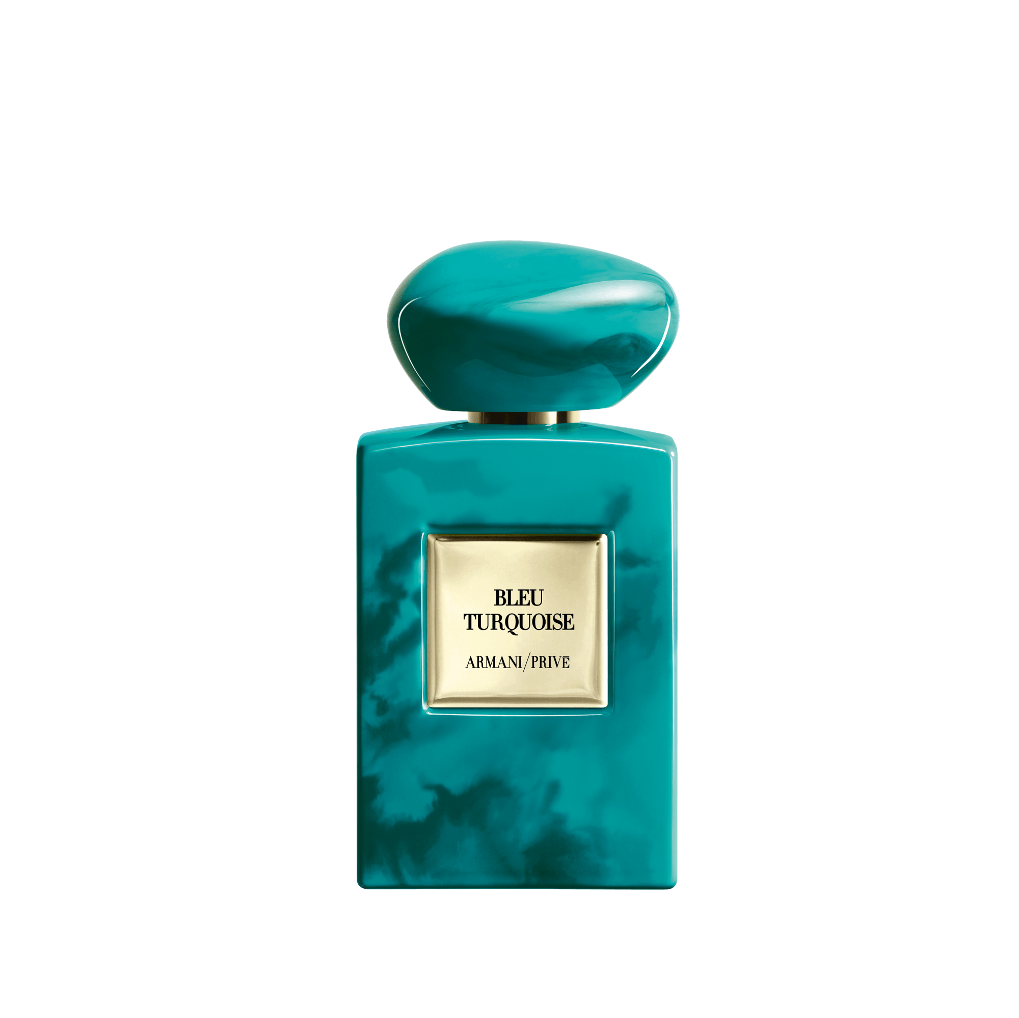 A striking turquoise perfume bottle from Armani Privé labeled 'Bleu Turquoise,' featuring a rounded cap and gold accents.