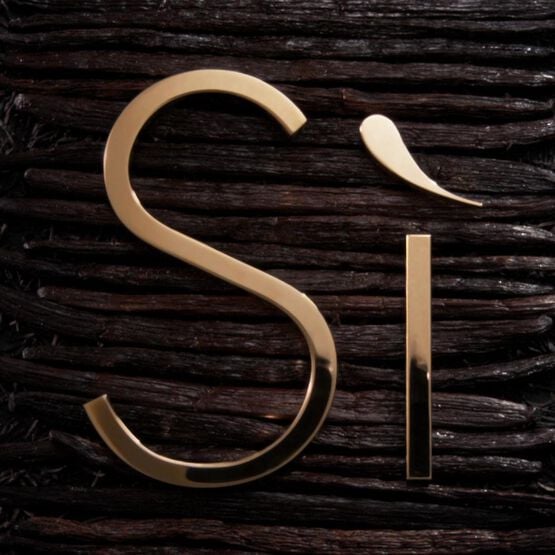 Goldenes Logo mit den Buchstaben 'S' und 'i' auf einer rustikalen Holzlatte.
